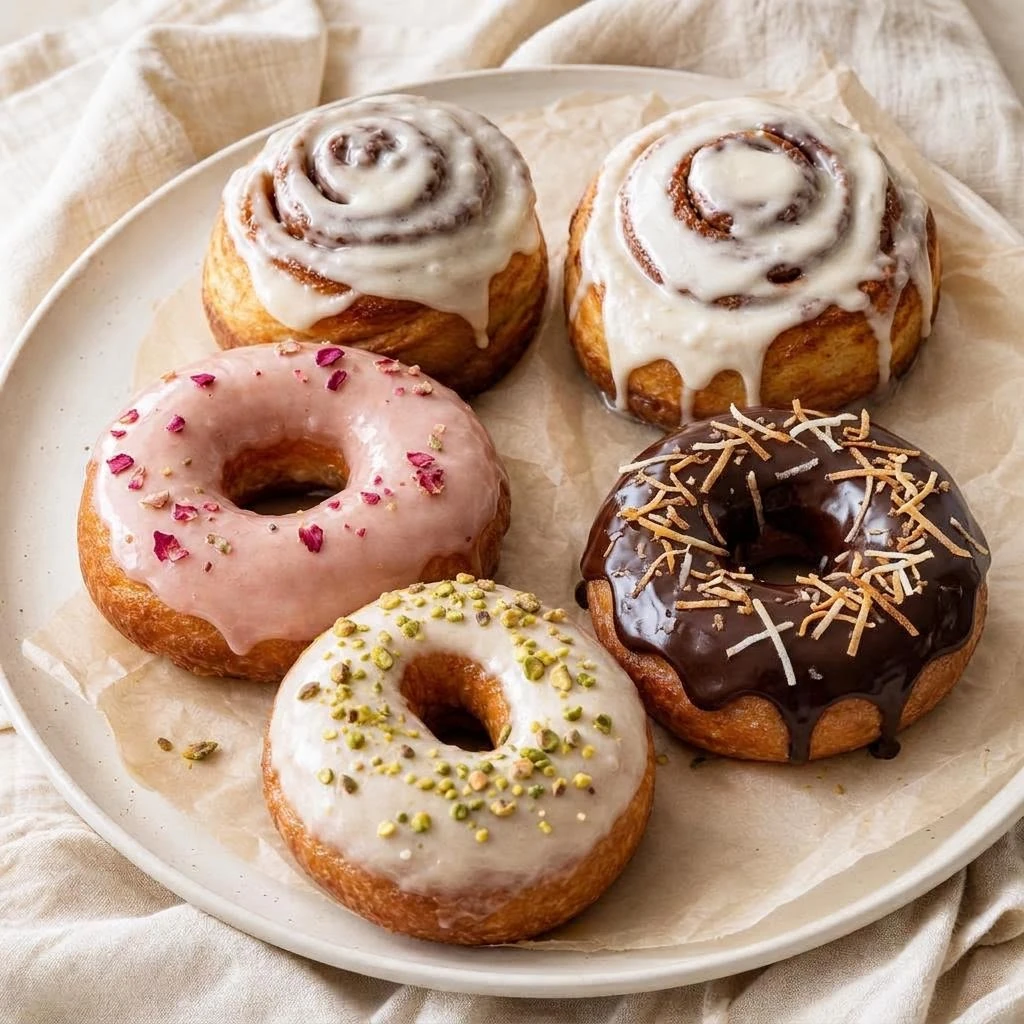 A spread of freshly glazed doughnuts and iced cinnamon buns